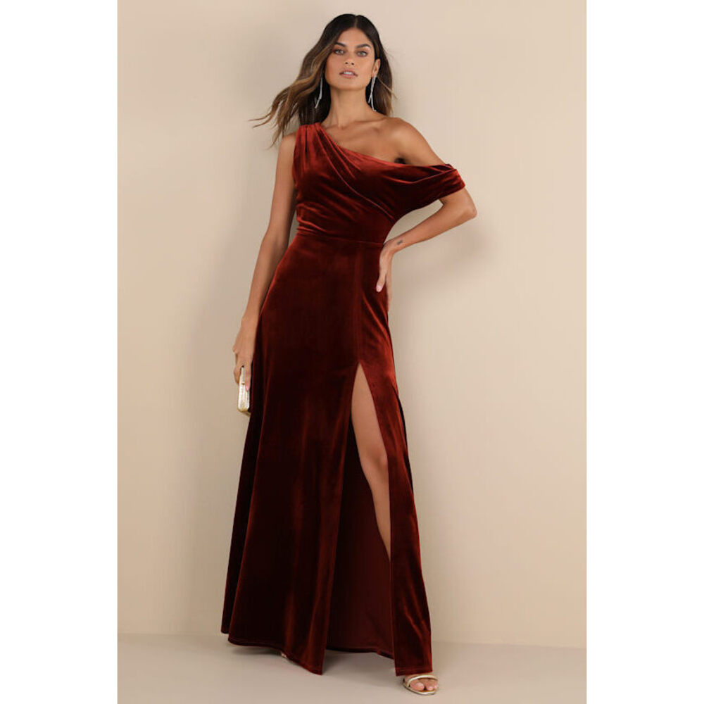 Lulus Rust Orange Velvet Asymmetrical Maxi Dress - Size L